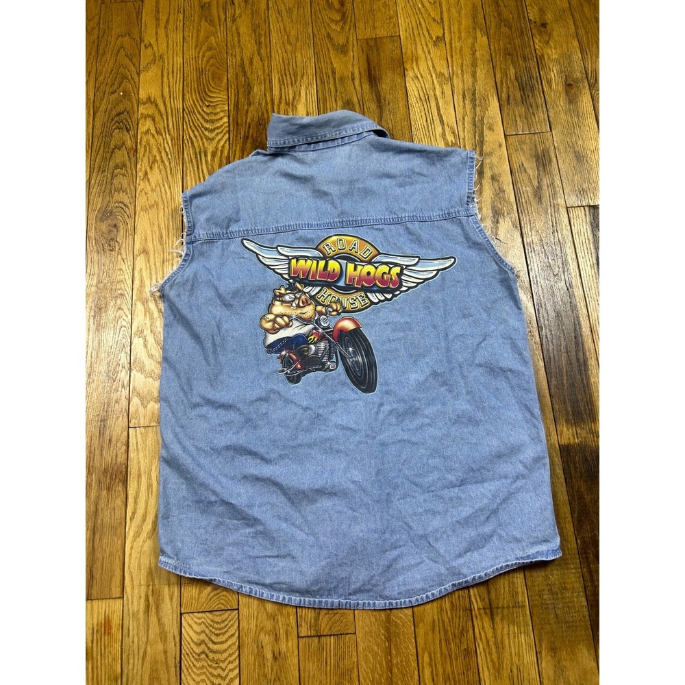 Vintage Road Wild Hogs House Denim Biker Sleeveless Shirt Vest Large